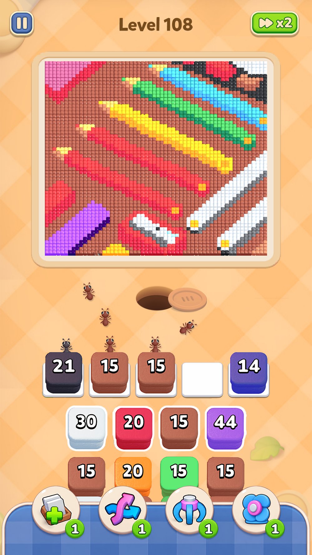 Colony Flow mobile level 108: colored-pencil pixel-art board with ants perched on loaded cubes in the waiting slots above the tray and booster bar