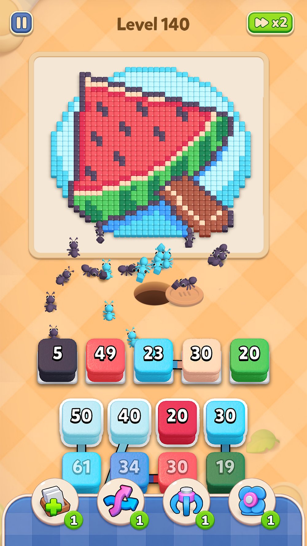 Colony Flow mobile level 140: watermelon board with a swarm of ants marching to the nest hole and rope-linked cubes in the tray