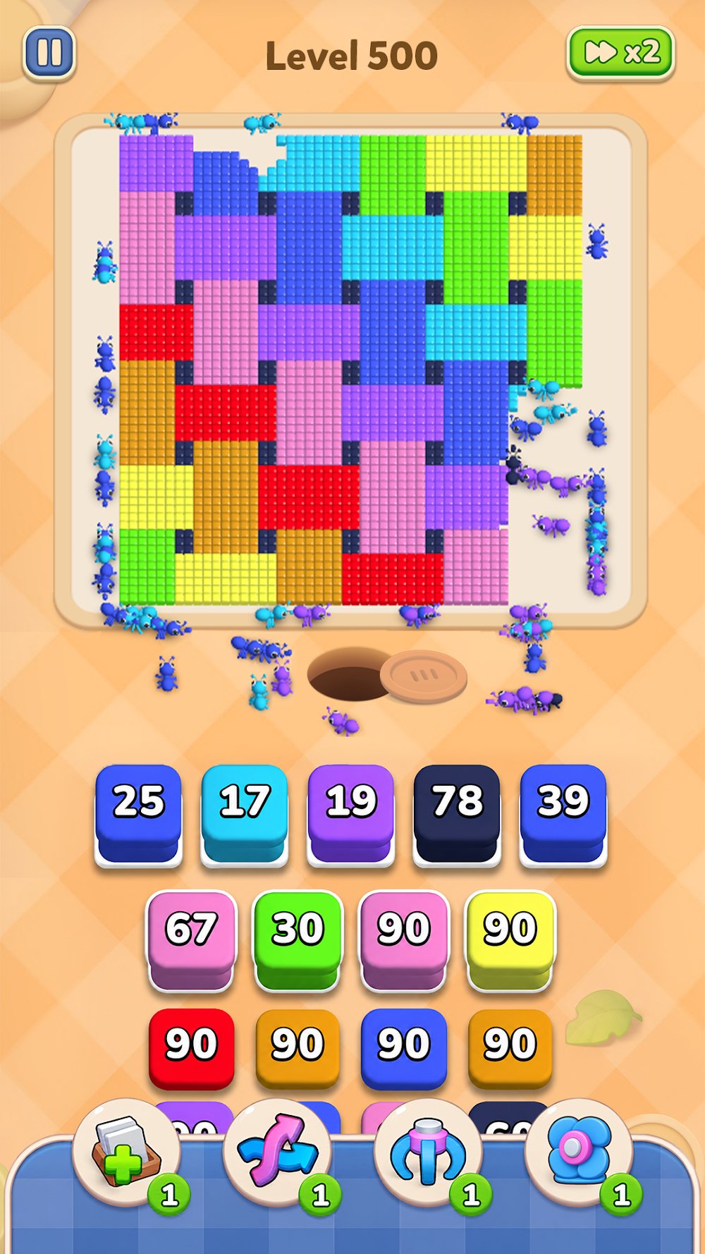 Colony Flow mobile level 500: dense patchwork quilt board covered in ants with a deep tray of high-count cubes